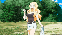 a girl in a black top and white skirt is holding a knife and a towel