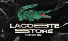 a logo for lacoste store with a green crocodile on a black background