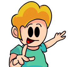 a cartoon boy with a blue shirt is pointing at the camera