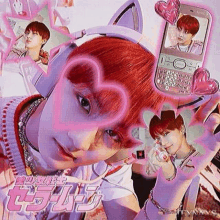 a girl with red hair is wearing a cat ear headband and a pink phone .