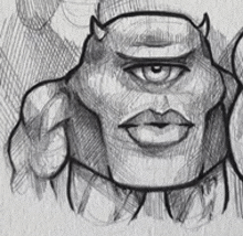 a black and white drawing of a monster with three eyes and horns on its head .