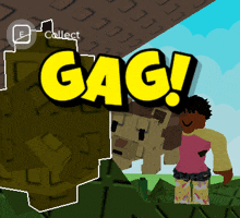 a girl in a pink shirt is standing next to a cartoon character with the words gag written on it