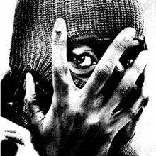 a black and white drawing of a person covering their face with their hands