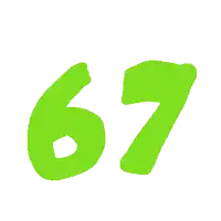 the number 67 is written in bright green on a white background