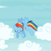 a blue pony with a rainbow mane and tail is flying through the air