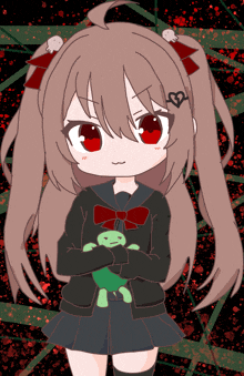 a drawing of a girl with red eyes holding a green teddy bear