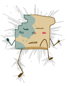 a drawing of a piece of bread with a face and arms and legs