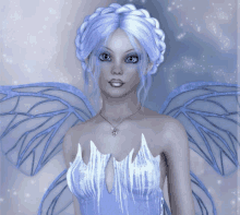 a fairy with blue hair and blue wings is wearing a blue dress