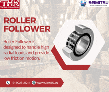 an advertisement for roller follower bearings by thk