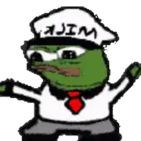 a cartoon frog wearing a white hat with the word jim on it .