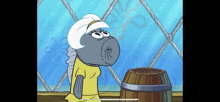 a cartoon of a fish with a barrel in the background