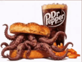 a sandwich with octopus tentacles next to a dr pepper drink