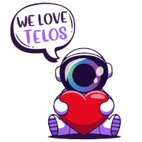 a cartoon of an astronaut holding a red heart with a speech bubble that says we love telos