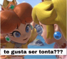 a cartoon of princess daisy and princess peach looking at each other with the words te gusta ser tonta ?