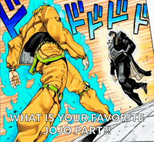 a cartoon of dio and star platinum with the caption " what is your favorite jojo part ? "