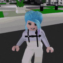 a girl with blue hair and white pants is standing on a street