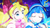 two anime girls are standing next to each other with their eyes closed and smiling