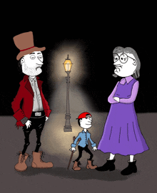 a cartoon of a man in a top hat standing next to a boy with a cane