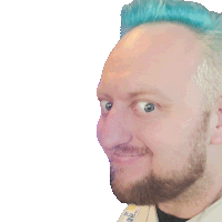 a man with blue hair and a beard looks at the camera