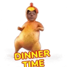 a man in a chicken costume is dancing with the words dinner time written below him