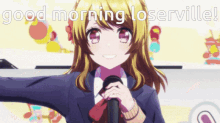 a girl singing into a microphone with the words good morning loserville written above her