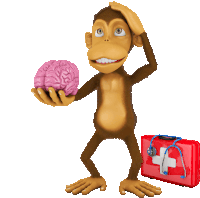 a cartoon monkey is holding a brain next to a red first aid kit