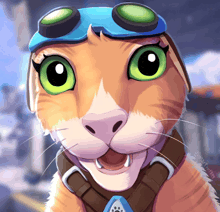 a close up of a cat with green eyes wearing goggles