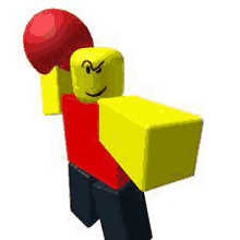 a yellow and red roblox character is holding a red boxing glove and a yellow box .