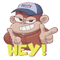 a cartoon monkey wearing a hat that says mighty joe says hey