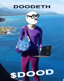 a poster for doodeth shows a woman holding a laptop and a blue bag