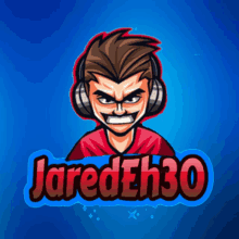 a logo for jaredeh30 with a man wearing headphones on a blue background