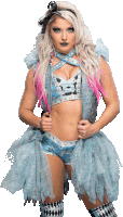 a woman with blonde hair and pink highlights is wearing a blue and silver outfit