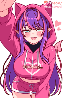 a girl with purple hair is wearing a pink hoodie that says good boy on it