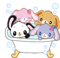 three rabbits are taking a bath in a bathtub with bubbles