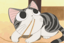 a cartoon cat is laying down with a stick in its mouth