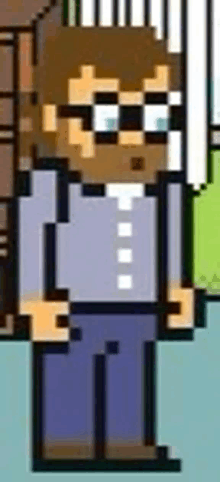 a pixel art of a man in a gray shirt and blue jeans standing in front of a building .