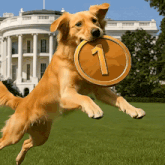 a dog is jumping in the air holding a gold coin with the number one on it