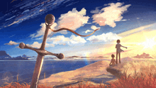 a painting of two people looking at the ocean with a sword in the background