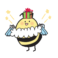 a cartoon bee wearing a santa hat and holding gifts