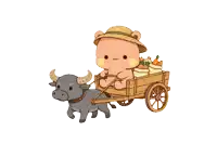 a cartoon of a bear pulling a cart with a bull pulling it
