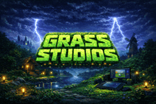 an advertisement for grass studios with a windmill and a house in the background
