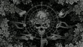 a black and white drawing of a skull surrounded by flowers and skeletons .