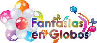 a colorful logo for fantasias em globos with balloons in the background