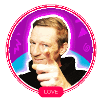 a man giving a thumbs up in a purple circle with the word love below him