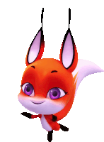 a red and white fox with purple eyes and black ears