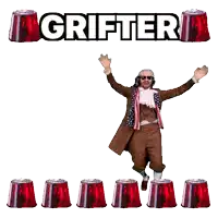 a man in a brown coat is dancing in front of a sign that says " grifter "