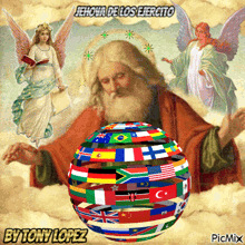 a painting of a man with a beard and a globe of flags with the words jehova de los ejercito