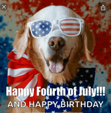 a dog wearing sunglasses and a scarf says happy fourth of july