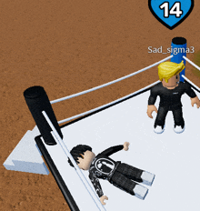 a cartoon character is laying on the ground in a wrestling ring with the number 14 in the background