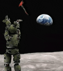a robot is standing on the moon holding an axe and pointing at the earth